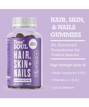 Hair Skin & Nails Gummies with Biotin for Hair Growth & Skin Health - Vitamin Enhanced Supplement with Zinc & Selenium - 60 Advanced Gummies | Free Soul - Buy Online on GoSupps.com