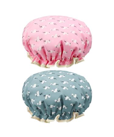 2 Pcs Shower Cap Elastic Band Waterproof Bath Caps Double Layers Reusable With Ruffled Edge Covering Ears for Girls and Women pinkblue