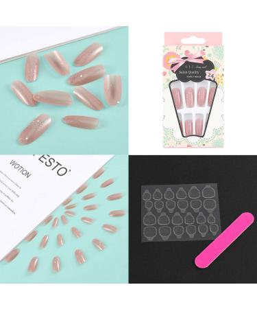 Sethexy Shiny Oval False Nails - Long Nude Pink Sparkle 24pcs Acrylic Art Fingernails for Women & Girls - International Shipping Available - Buy Online on GoSupps.com