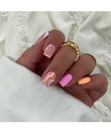 KXAMELIE Glossy Pink Swirl Design Short Square Coffin Press On Nails - 24 Pieces - Buy Online on GoSupps.com