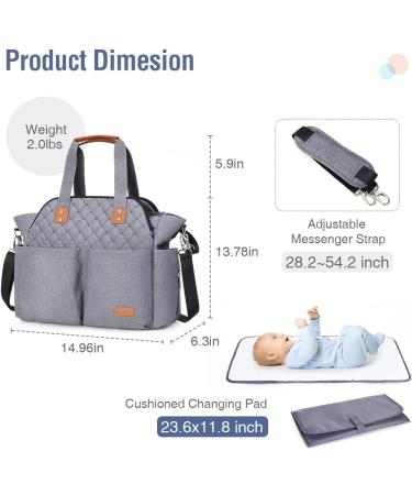 Lekebaby Large Baby Changing Bag - Stylish Nappy Bags for Mom and Dad - Travel Tote with Changing Mat - Quilted Grey - Buy Online on GoSupps.com