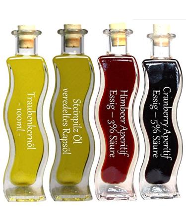 Gift set & trial set |2 x 100 ml vinegar & 2 x 100 ml oil |Cranberry aperitif vinegar - raspberry vinegar - porcini mushroom oil - grape seed oil