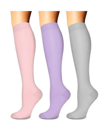 Compression Socks for Women & Men Circulation (3 Pairs) - Best Support for Running Nurses Recovery Cycling Flight A2-pink/Purple/Light Grey Small-Medium