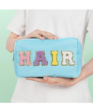 Nylon Waterproof Preppy Makeup Bag - Girls Chenille Letter Portable Travel Organizer for Toiletries and Cosmetics Storage (Blue Hair) - Patches Included - Buy Online on GoSupps.com