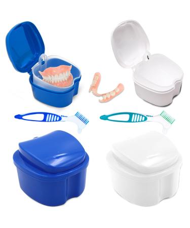 2 Dental prosthesis case with 2 prosthesis cleaning brushes container with hanging network prosthesis storage box bathing prosthesis container prosthesis box prosthesis cleaning set (blue white)