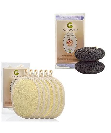 CROVIN Natural Loofah Pads and Natural Earth Lava Pumice Stone Bundle - Exfoliating Loofah Body Scrubbers Cleanse Your Skin and Feet - Perfect for Bath Shower