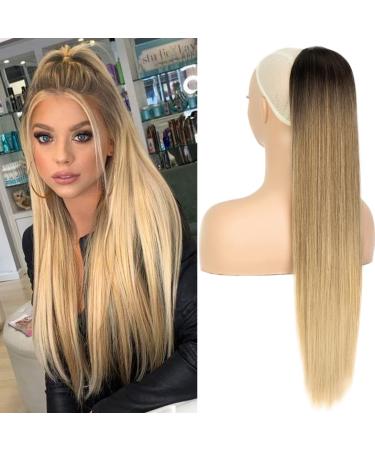 AL064E Ponytail Extension with Drawstring Ombre Blonde Long Straight Ponytail Hairpiece Synthetic Hair Like Real Hair Extension Braid 60 cm / 24 Inches