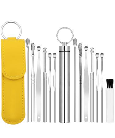 Stainless Steel Ear Wax Removal kit Ear Cleaning Tool Set Ear Pick Tools Reusable Ear Cleaner Ear Pick Set with Keychain Tube & Leather Case Package Yellow (2 Sets)