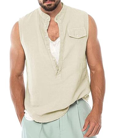 BEUU Men's Cotton Linen Sleeveless Henley V-Neck Vest - Khaki XL - Buy Online on GoSupps.com