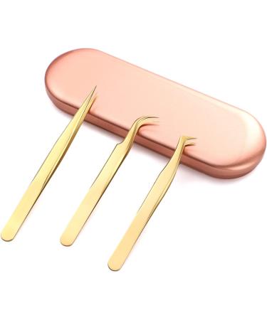High Precision Lash Tweezers Set - 3 Stainless Steel Eyelash Tweezers for Classic & Volume Lash Extensions - Includes Storage Box - Gold - Buy Online on GoSupps.com