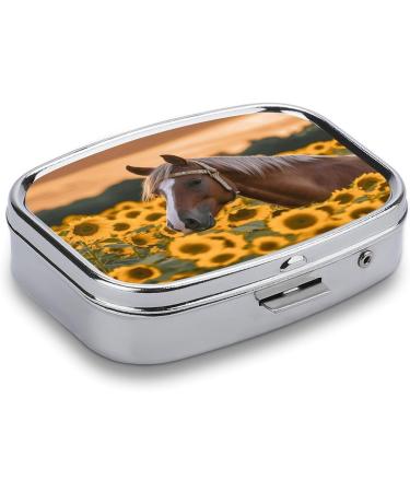 Yellow Sunflower Horse Print Pill Box | 2 Compartment Decorative Metal Organizer for Travel | Portable Medicine Case for Pocket & Purse - Buy Online on GoSupps.com
