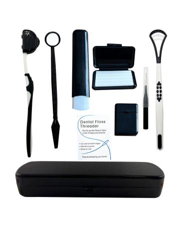 Portable Orthodontic Oral Care Kit for Braces - Interdental Brush Dental Wax Dental Floss Toothbrush Cleaning Kit Black