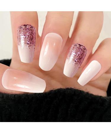 LUVADEYO 24 PCs Pink Coffin Sequins Fake Nails | Medium Length Press-On Nails with Bling Gradient & Rhinestone Design - Gorgeous Full Cover False Nails - Buy Online on GoSupps.com