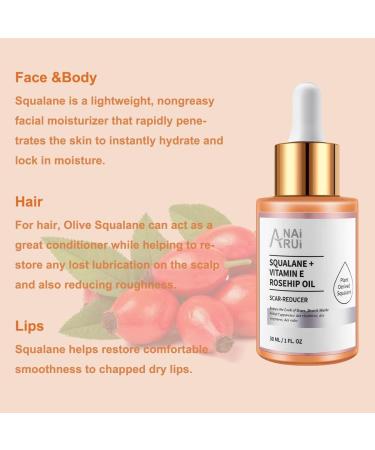 ANAiRUi Rosehip Oil For Face - Cold Pressed Vegan with Vitamin E & Squalane - Hydrating Nourishing Anti aging Face Oil for Skin Body Hair Nail 30ml Rosehip Vitamin E Oil - Buy Online on GoSupps.com