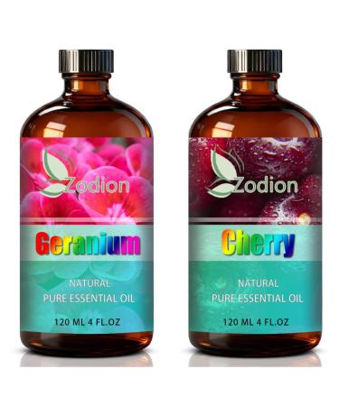 Cherry Essential Oil 4 Fl Oz and Geranium Essential Oil 4 Fl Oz - Cherry & Geranium Oil for Diffuser Aromatherapy Home Fragrance Skin & Hair Care DIY Candle & Soap Making Yoga