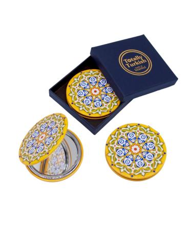 Totally Turkish Metal Compact Mirror Small Folding Round Mirror With Magnetic Close 1x & 2x Magnification For Handbags Make-Up Travel & Commutes Bright & Funky Geometric Pattern (Venus)