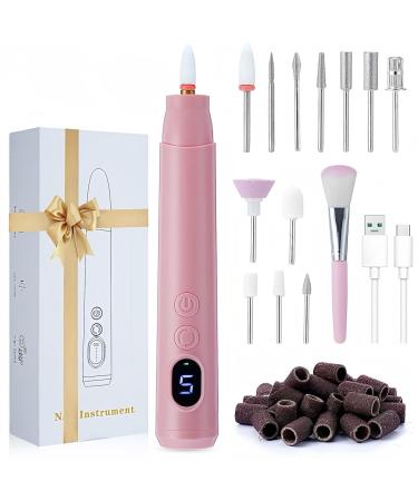 Electric Nail Files Wikay Cordless Nail Drill Set Electric Nail Drill 20000 RPM Portable Rechargeable Nail Files 5 Adjustable Speed 30 Sanding Bands for Nail Beginner Tech Girl Pink