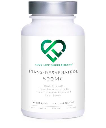 High Strength Trans-Resveratrol - 98% Purity (3rd Party Tested) | 500mg x 60 Capsules / 60 Servings | from Japanese Knotweed Root Extract | Pure Fill (Nothing Else Added) | Love Life Supplements - Buy Online on GoSupps.com