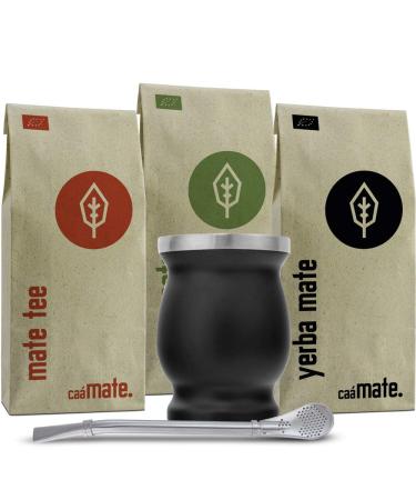 Mate Tea Set Organic 3 types of mate + double-walled stainless steel mate cup + bombilla + preparation instructions (black) - Buy Online on GoSupps.com