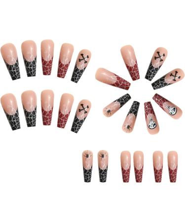 Halloween Ghost Spider Design Coffin False Nails - 24Pcs Long Ballerina Press on Nails - Black & Red Edge - Plastic Diamond Acrylic Stick on Nails for Women and Girls - Buy Online on GoSupps.com