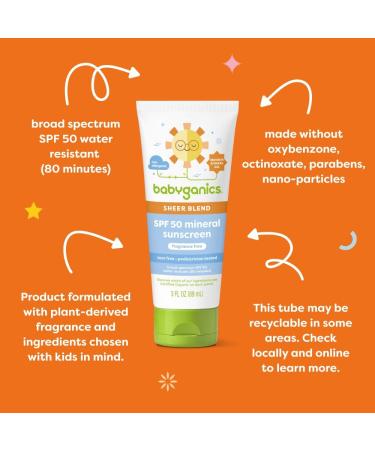 Babyganics SPF 50 Mineral Sunscreen Lotion Sheer Blend UVA UVB Protection Octinoxate & Oxybenzone Free Water Resistant Fragrance Free 3 oz - Buy Online on GoSupps.com