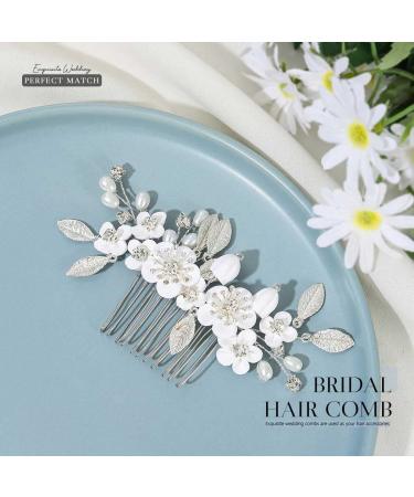 Silver Leaf Flower Bride Wedding Hair Comb with Pearl Accents - Bridal Hair Piece for Women and Girls - Buy Online on GoSupps.com