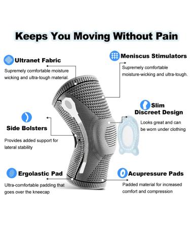 AmRelieve Ultra Knee Elite Compression Sleeve with Side Stabilizers - Professional Knee Brace for Men Women - 3D Knee Compression Pad for Joint Pain Relief (Size L, Grey) - Buy Online on GoSupps.com