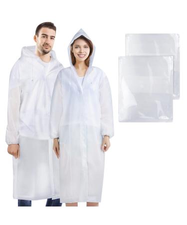 BFONS 2 Pcs Rain Ponchos for Adults Reusable,White Color EVA Raincoats for Women Men with Drawstring Hood and Sleeves,Waterproof Rain Coats Perfect for Camping, Hiking and Travel Outdoor Accessories