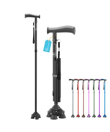 BeneCane Walking Cane for Men & Women Walking Stick for Seniors Folding Canes Quad Cane Adjustable Lightweight Sturdy Free Standing Collapsible Heavy Duty with Soft TPR T-Handle and Travel Bag Black