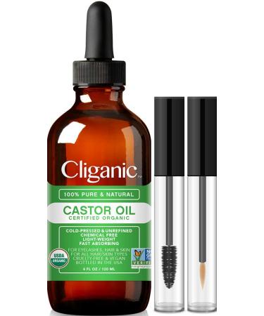 Cliganic Organic Castor Oil, 100% Pure (4oz with Eyelash Kit) - For Eyelashes, Eyebrows, Hair & Skin 4 Piece Set