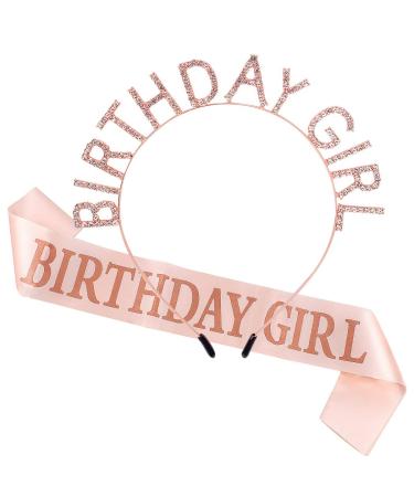 Birthday Crown for Women with Sash Rose Gold Birthday Tiara for Women Birthday Girl Headband Princess Crown Rhinestone Happy Birthday Accessories