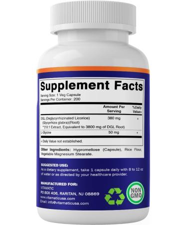 Vitamatic DGL Licorice 3800 mg Equivalent Per Serving (from 10:1 Extract 380 mg) - 10X Stronger - Supports Healthy Digestive & Respiratory Functions - 200 Capsules - Buy Online on GoSupps.com