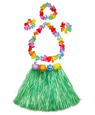 Girl's Elastic Hawaiian Hula Dancer Grass Skirt with Flower Costume Set-Green