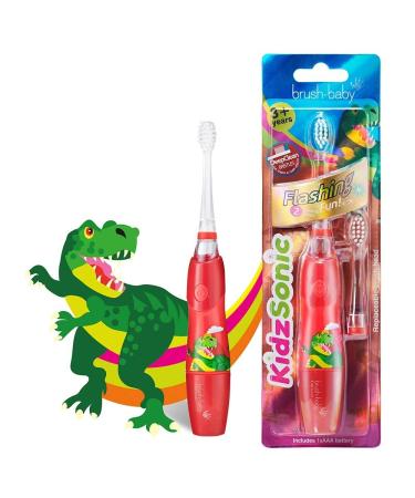 Brush Baby KidzSonic Toddler and Kid Electric Toothbrush for Ages 3+ Years - Disco Lights, Gentle Vibration, and Smart Timer Provide a Fun Brushing Experience - 2 Brush Heads Included - Dinosaur