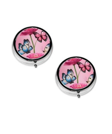 (Beautiful Butterfly) Round Pill Box 3 Compartment Pill Box Mini Decorative Pocket Purse Portable Travel Medicine Tablet Vitamin Holder Organizer Pill Case