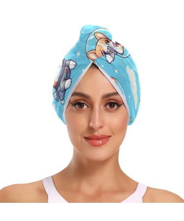 Dog Astronauts Hair Towel 2 Pack Super Absorbent Hair Drying Towel Quick Dry Hair Turbans Head Towel with Button Twisty Wrap for Women Girls