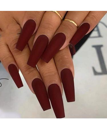 CLOACE Coffin Long Press on Nails Matte Ballerina Fake Nails Wine Red False Nails Pure Color Full Cover Acrylic Nails Party Nails for Women and Girls 24 PCs (Deep red)