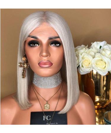 BGHJUE N Wig White Bob Straight Synthetic Short Hair Wig Blend 50% Human Hair Left Side Parting Wigs For Women