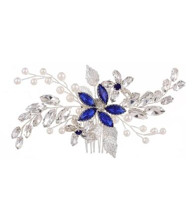 Bridal Sapphire Crystal Hair Comb Pearl Blue Crystal Leaf Marquise Hair Piece Prom Party Festival Wedding Hair Accessories for Women and Girls (Silver) Snap Clips - Buy Online on GoSupps.com
