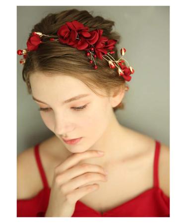 Chargances Wedding Bride Floral Red Headband Crystal Gold Hair Vine with Pearl Rhinestone Hair Accessory Boho Delicate Hair Piece Jewelry for Women and Girls