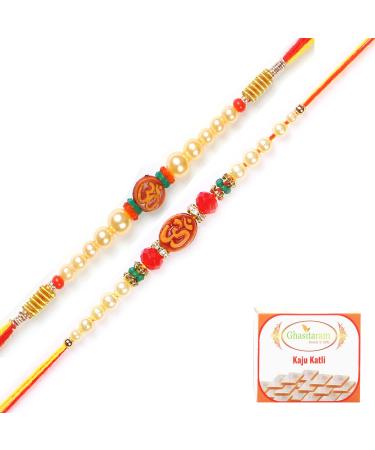Ghasitaram Gifts Rakhi for Brother Rakhis Online - Set of 2 6135 6276 Om Pearl Rakhi Threads with 400 GMS of Kaju katli