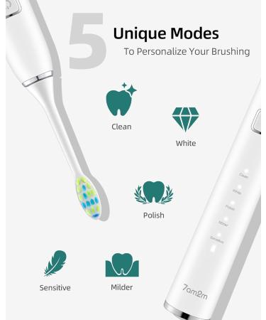 7am2m Sonic Electric Toothbrush with 6 Brush Heads for Adults and Kids Wireless Fast Charge One Charge for 60 Days 5 Modes with 2 Minutes Built in Smart Timer Electric Toothbrushes(White) No Travel Case White - Buy Online on GoSupps.com