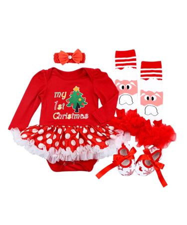 FYMNSI Baby Girls My First Christmas Outfit Newborn Infant 1st Xmas Party Clothes Princess Tutu Romper Dress Bowknot Headband Shoes Leg Warmers 4pcs Set for 0-18 Months 0-3 Months Red Christmas Tree