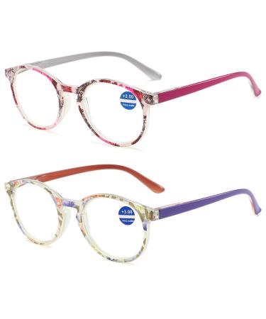 Vevesmundo anti Blue light women reading glasses Blue light filter Flowers Vintage Plastic Far View Reading Help glasses+1.0 +1.5 +2.0 +2.5 +3.5 +4.0 2 pieces of reading glasses (purple+pink) 3.0 x