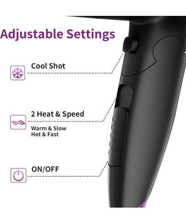 YASHE Travel Hairdryer with Folding Handle 1700W Fast Drying Blow Dryer with 1 Concentrator Dual Heat & Speed Settings Cool Shot Button Lightweight & Compact Design Hang Loop Black/Purple - Buy Online on GoSupps.com