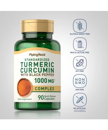 Piping Rock Turmeric Curcumin 1000mg with Black Pepper | 90 Capsules | Non-GMO & Gluten Free - Buy Online on GoSupps.com