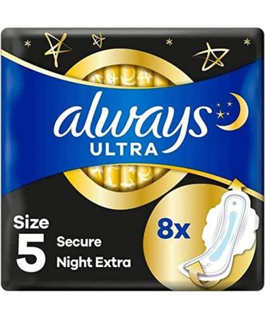 Always Ultra Sanitary Towels Secure Night (Size 4) Wings X8 Pads Super Absorbent and Ultra Thin for Menstrual Periods