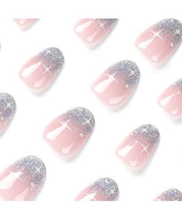 Summer Glitter French Tip Short Round Press on Nails - 24 Pcs with Stars Designs | Glossy False Nails for Women and Girls - Includes Nails Glue | Artificial Acrylic Full Cover False Nails - Style1 - Buy Online on GoSupps.com