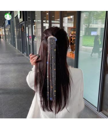 fdsmall Rhinestone Hair Chain Long Chain Tassel Hairwear Shiny Hairpin Ponytail Hair Accessories for Women and Girls silver - Buy Online on GoSupps.com