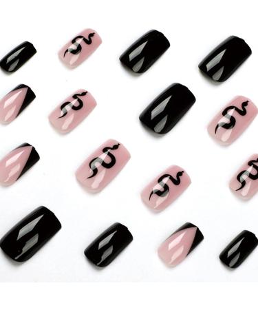 24Pcs Black Snake Design Short Square Press on Nails - Glossy Stick on Daily Wear Fake Nails for Manicure & Nail Art - Style 8 - Buy Online on GoSupps.com